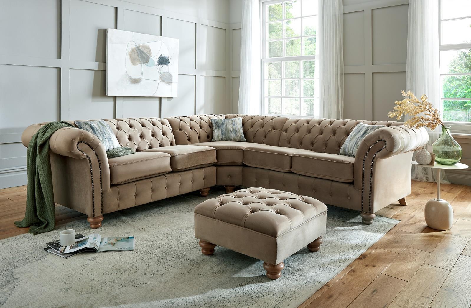 Winchester 2+Corner+2 Seater Sofa In Plush Mink Fabric With Abstract Pebble Scatters
